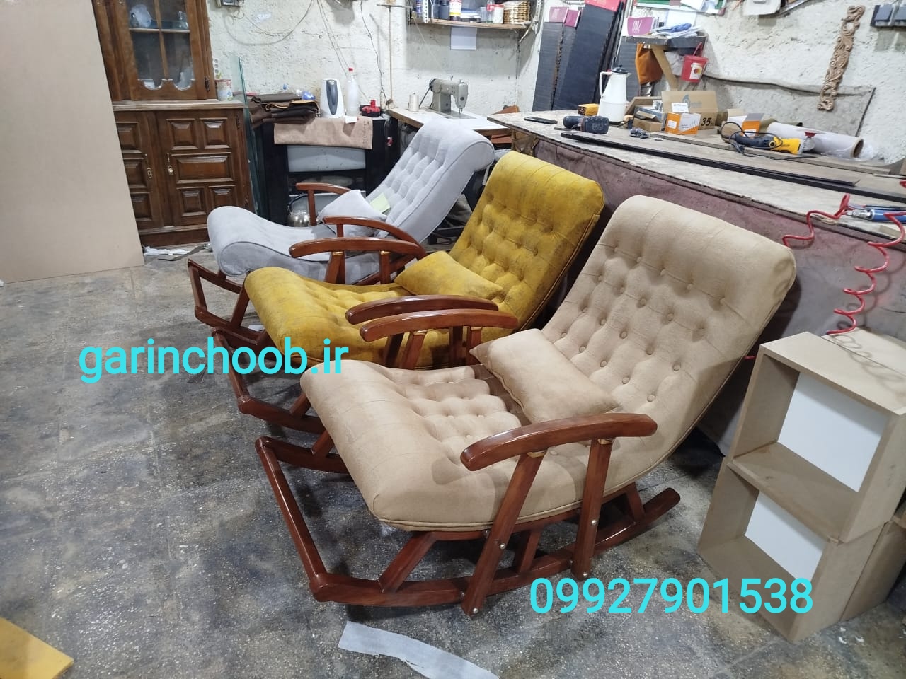 صندلی راک مدل دسته دار رنگ چوب و پارچه ب انتخاب مشتری